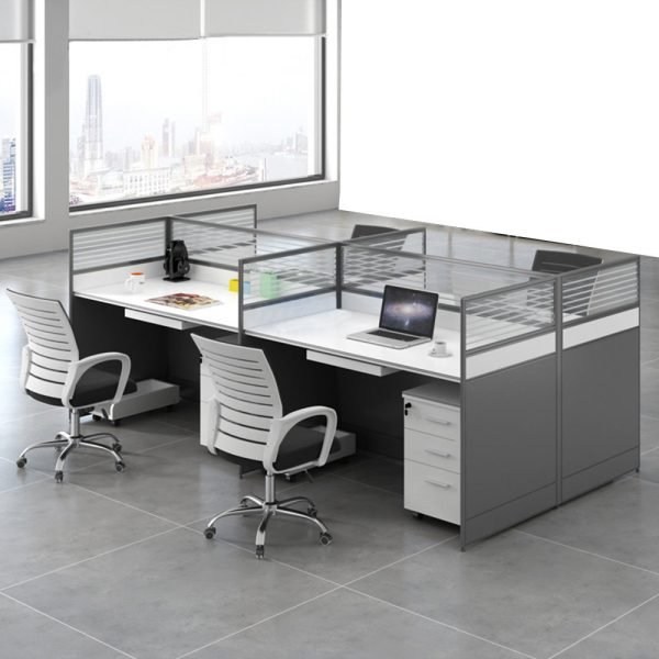 Modern 4 Seater Cubicle Desk featuring fabric partitions, aluminum frame, and drawer units for office workstations