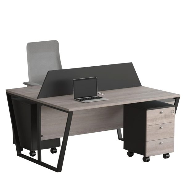 Executive office desk with grey top, black metal frame, drawer unit and divider – 2-seater setup