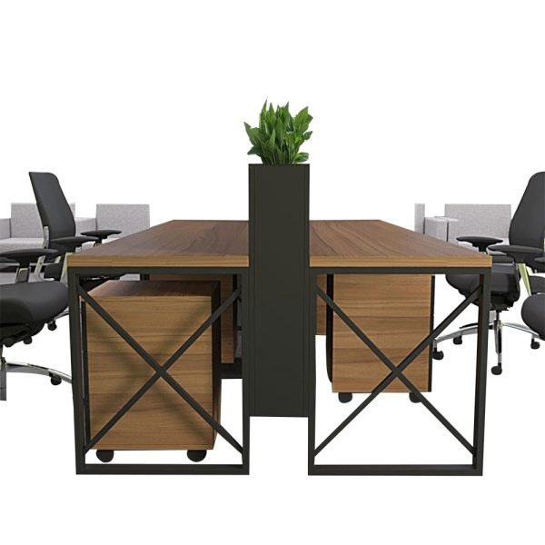 Modern dual workstation office desk with black metal frame, wooden finish, and built-in planter – Ultimate Designs Ltd