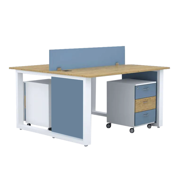 Modern 2-seater office workstation desk with blue partition and mobile pedestal drawers by Ultimate Designs Ltd