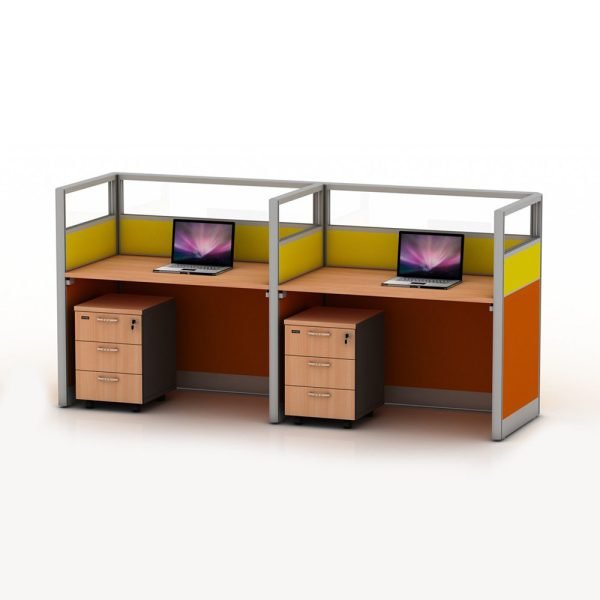 Modern 2 Seater Cubicle Office Desk featuring fabric partition, aluminum frame, and drawer unit for office workspace
