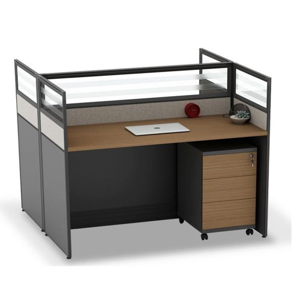Modern 2 Person Cubicle Desk UDL WS-008 with board partition, aluminum frame, and integrated drawer unit for office workstations.