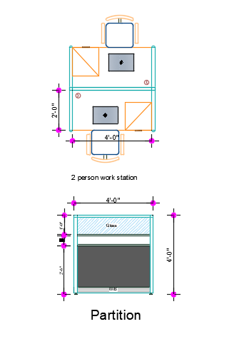 Layout view of 2 Seater Office Workstation with aluminum frame and board partition cubicle desk