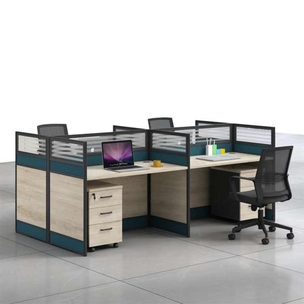 Modern 4 Person Office Workstation featuring cubicle furniture with aluminum board partition and drawer unit