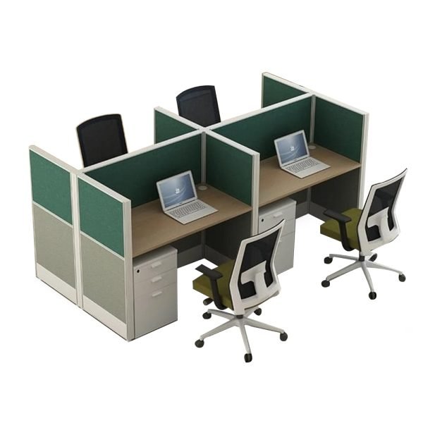 Modern 4 Seater Office Desk – Cubicle workstation with fabric partition and aluminum frame including drawer units