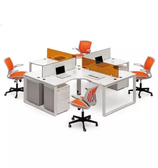 Modern 4-seater office workstation desk with orange chairs and partition panels