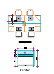 Top-down layout view of a modern 4 person working desk with aluminum and board partition cubicle design and integrated drawers