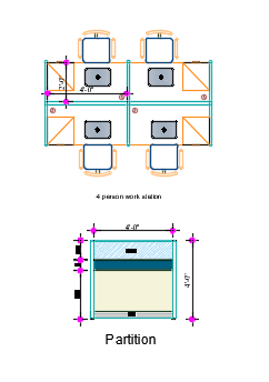 Layout view of 4 Person Office Workstation showing cubicle furniture with aluminum board partition and drawer unit