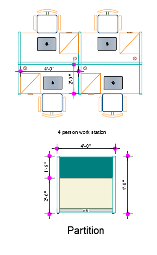 Layout view of 4 Seater Office Desk showing fabric partitions and aluminum frame with drawer units