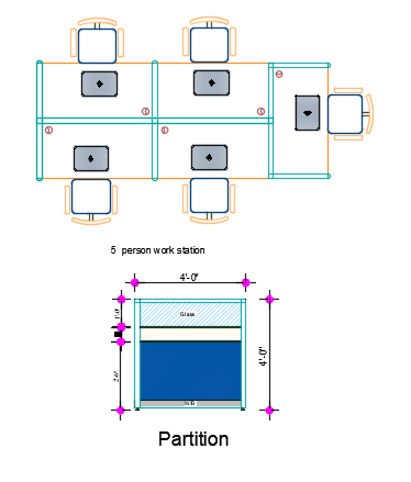 Layout view of 5 Seater Office Desk with aluminum frame and fabric cubicle partitions