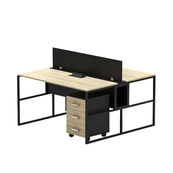 Modern 2-Seater Workstation Desk with Divider and Drawer for Office Use