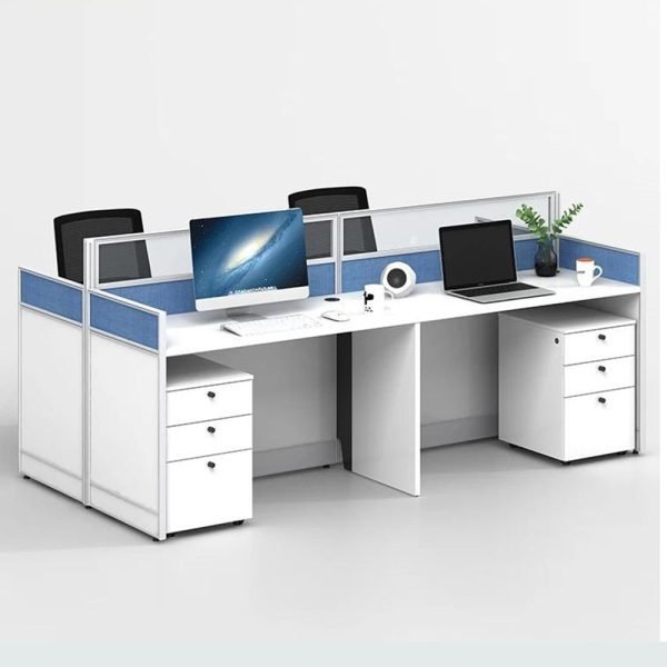 Modern 4 person working desk with aluminum and board partition cubicle design and drawer unit