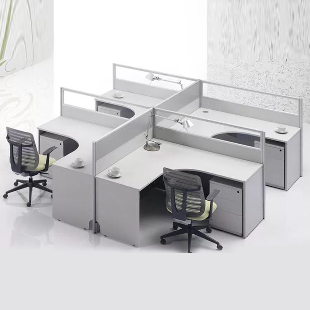 Modern office workstation for 4 person with cubic desk, board partition, aluminum frame, and drawer units