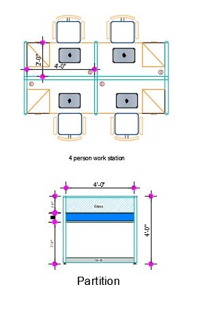 Modern 4 Person Office Workstation with Aluminum and Board Partition, Drawer Unit Layout View